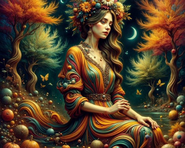 Serene figure by glowing river in autumn hues