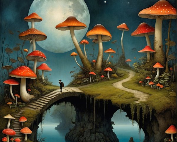Whimsical Landscape with Towering Mushrooms and Moon