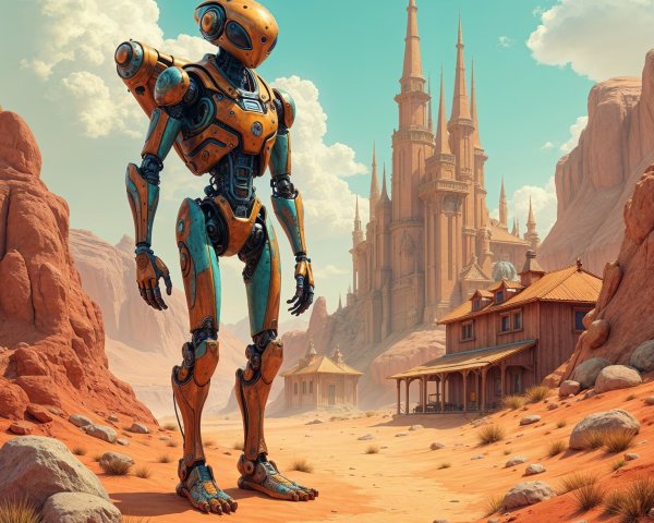 Towering Robot and Castle in Arid Landscape Scene