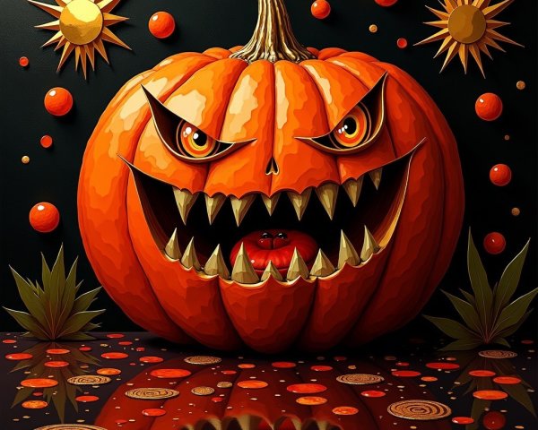 Large menacing pumpkin with glowing eyes and teeth