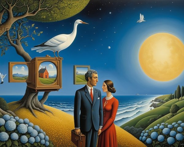 Couple in Formal Attire on Grassy Hill with Moonlit Sea