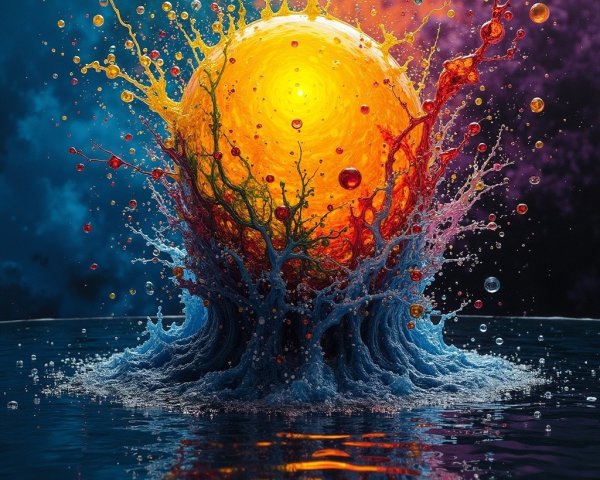 Surreal Scene of Colorful Orb and Flowing Waves