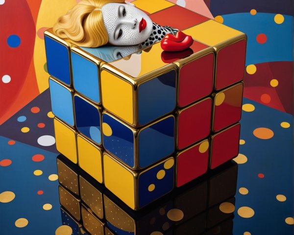 Surreal Artwork with Colorful Rubik's Cube and Doll Head