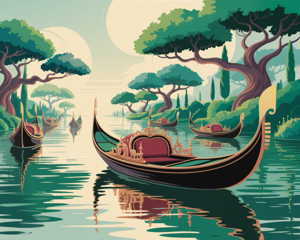 Serene Landscape with Gondolas and Dual Moons