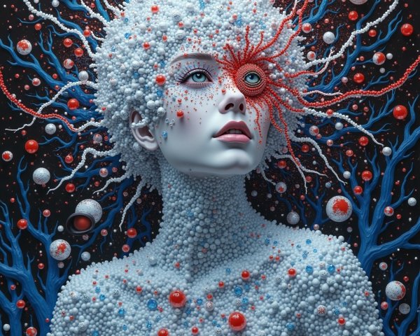 Surreal Figure with Textured Patterns and Organic Forms