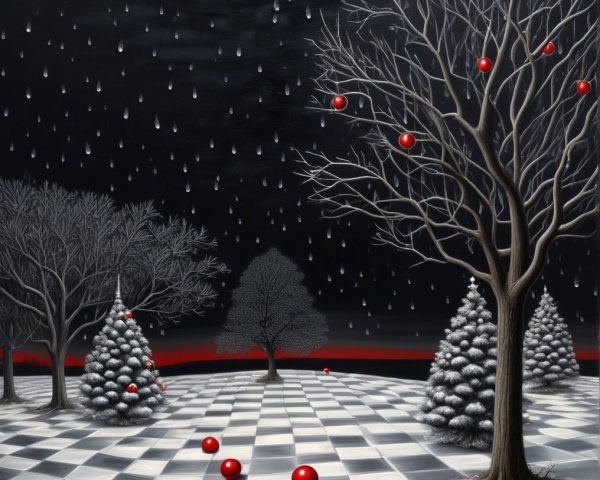 Surreal Landscape with Black Sky and Checkerboard Floor