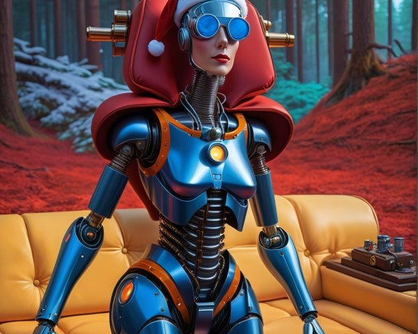 Futuristic Robot with Santa Hat on Yellow Couch
