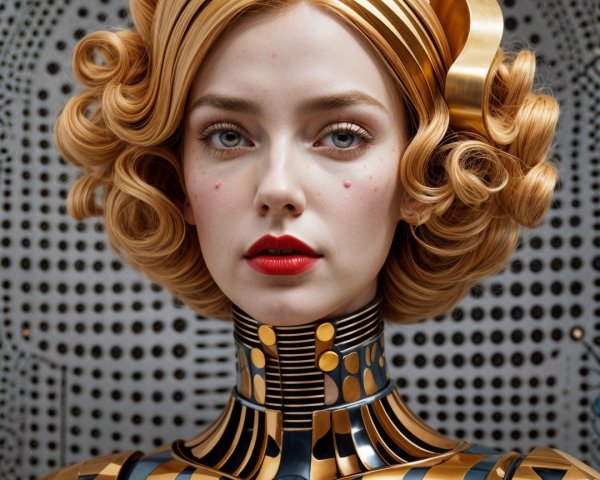 Futuristic Figure with Metallic Costume and Curly Hair