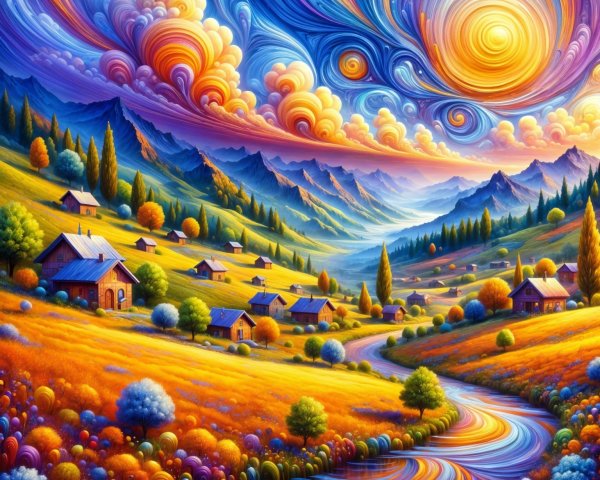Vibrant Landscape with Rolling Hills and Colorful Clouds