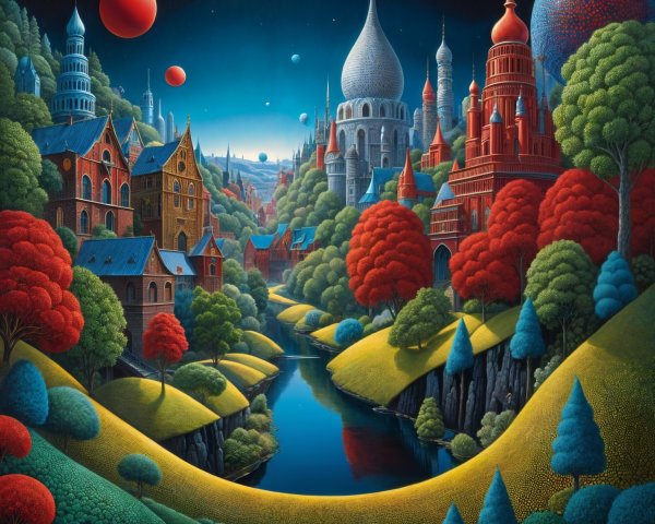 Whimsical City Landscape with Starry Night Sky
