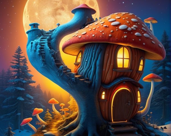 Whimsical Mushroom House in Serene Forest Setting