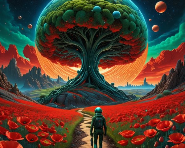 Alien Landscape with Lush Tree and Starry Sky