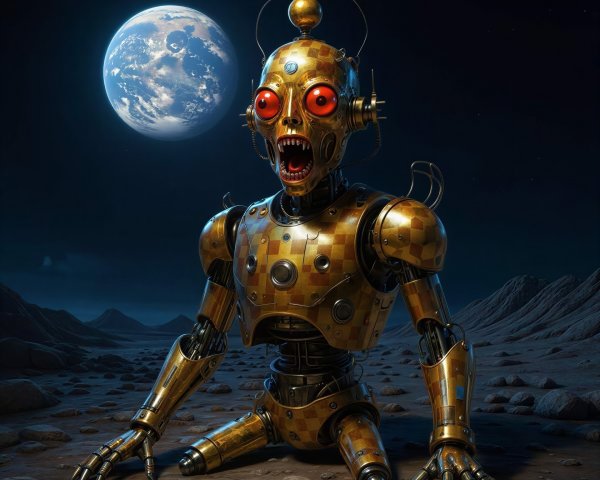 Gilded Robot Remains on Desolate Planet Under Stars