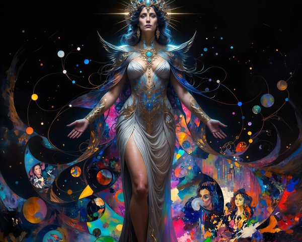 Digital painting of a majestic woman in cosmic setting