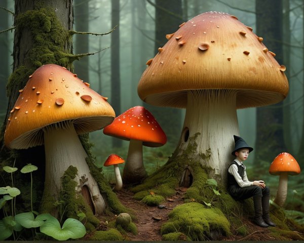 Oversized Vibrant Mushrooms in a Mystical Forest