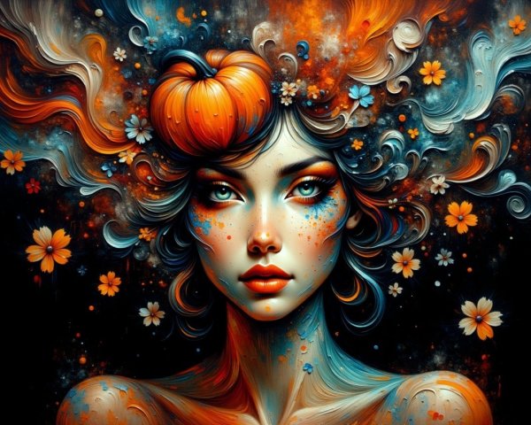 Vibrant Woman with Pumpkin Crown and Floral Patterns