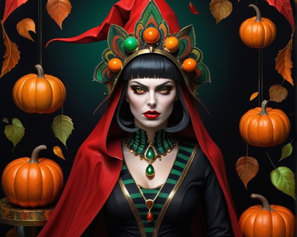 Enchanted Figure with Bold Makeup and Autumn Decor