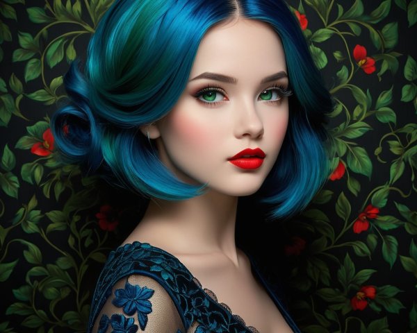 Portrait of a Woman with Blue Hair and Floral Dress