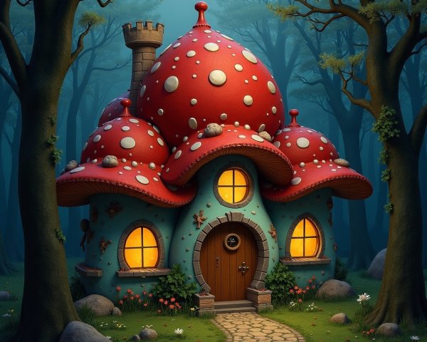 Whimsical Mushroom-Shaped House in a Magical Forest