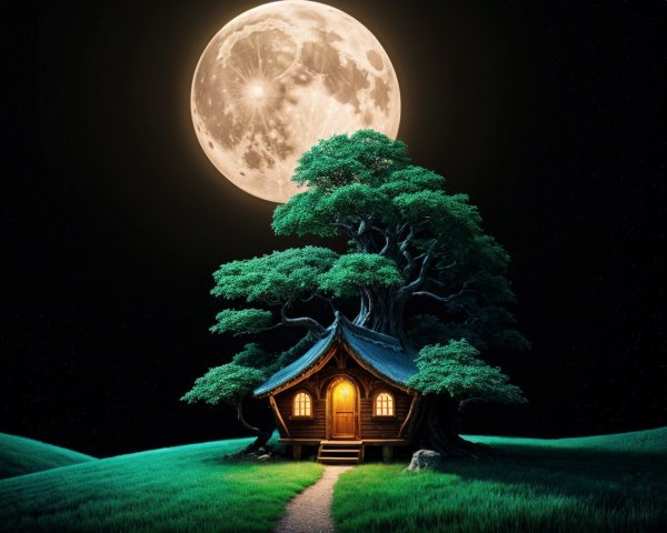 Cozy House Under an Ancient Tree at Night