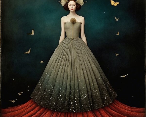 Ethereal Figure in Gown with Moon and Nature Elements