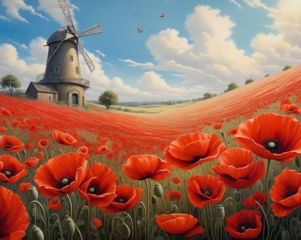 Classic Windmill in a Field of Red Poppies