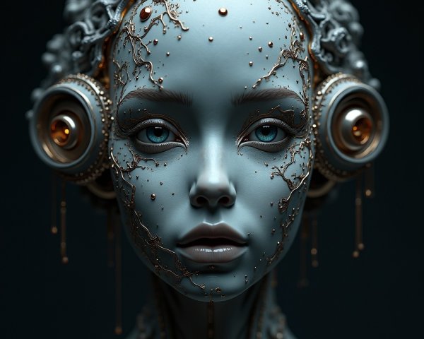 Futuristic humanoid figure with blue complexion and circuits