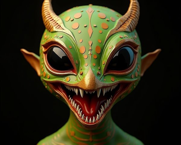 Vibrant Green Creature with Golden Patterns and Horns