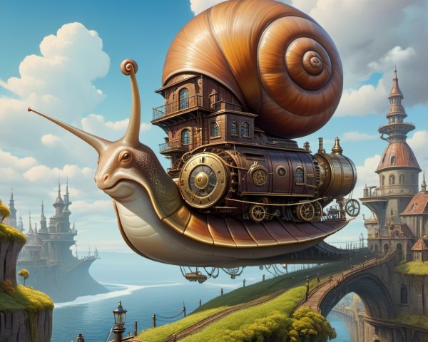 Steampunk Snail with House Over Scenic Landscape