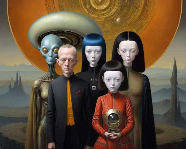 Family of Alien Beings in Futuristic Setting