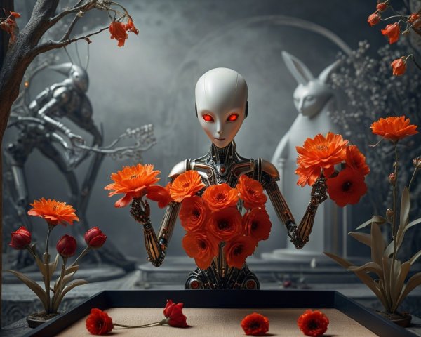 Humanoid Robot with Flowers in Surreal Art Setting
