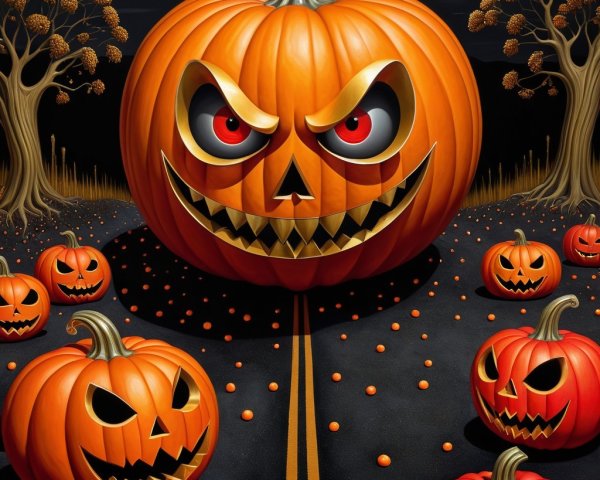 Halloween Scene with Menacing Pumpkins and Eerie Trees