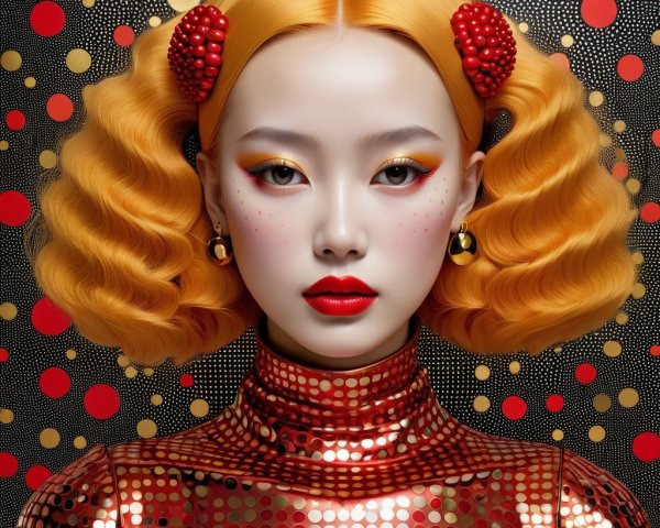 Portrait of a model with vibrant orange hair and bold accessories