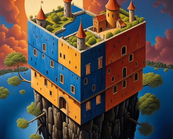 Surreal Cube-Shaped Castle Above the Ocean at Sunset