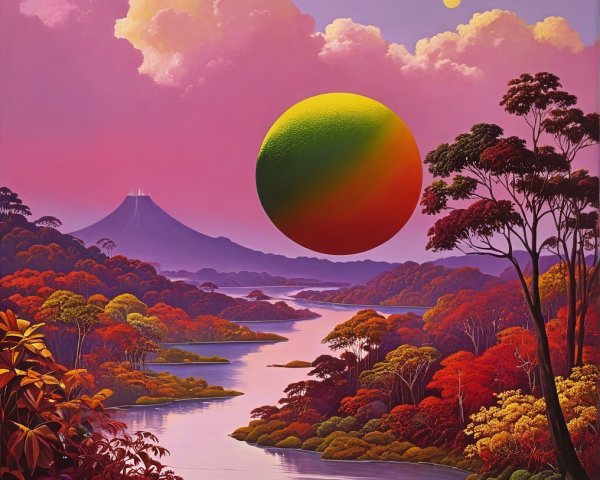 Surreal Landscape with River and Majestic Volcano