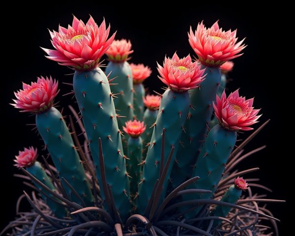 Vibrant Pink Flowers on Cactus with Dark Background