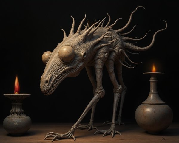 Surreal Creature in Dimly Lit Space with Candles