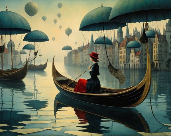 Woman in Black Dress Steering Gondola on Tranquil Waters