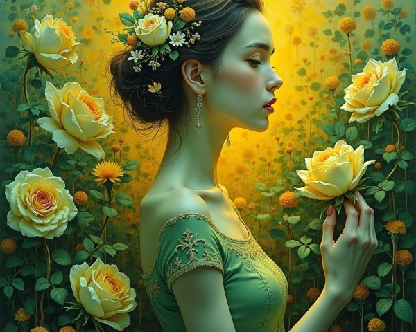 Woman in Green Dress Surrounded by Yellow Roses