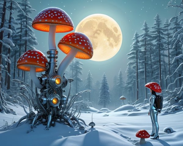 Surreal Snowy Forest with Glowing Mushrooms and Figure