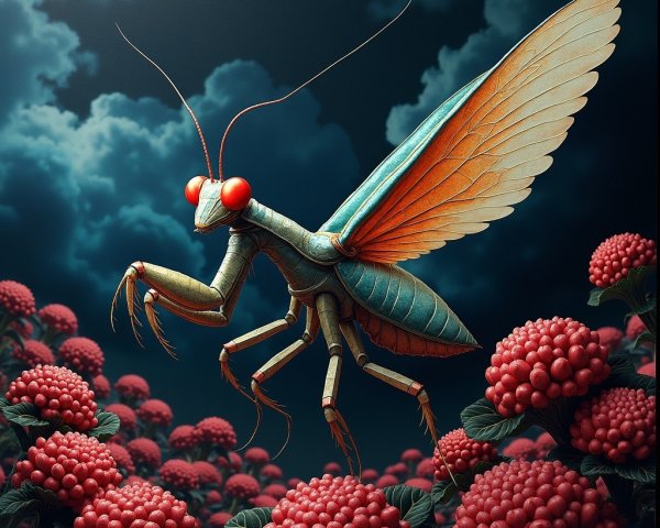Surreal Praying Mantis Amid Raspberry-Like Flowers