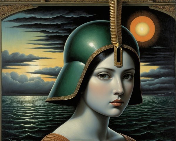 Female Figure in Green Helmet Against Dramatic Sky