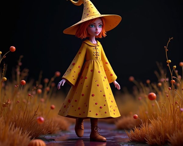 Whimsical Figure on Winding Path Among Pumpkins