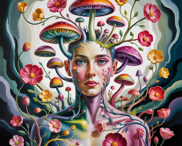 Surreal Female Figure with Mushrooms and Flowers