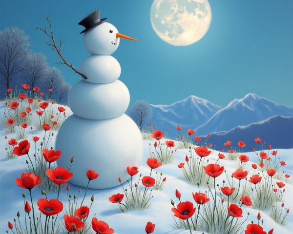 Snowman in snowy landscape with poppies and mountains
