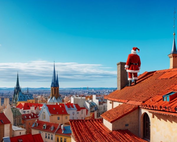 Santa Claus on Rooftop Overlooking Cityscape