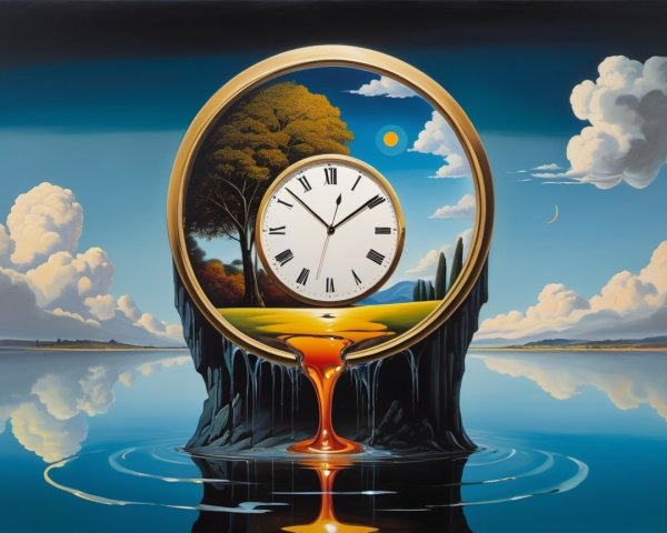 Surreal Landscape with Melting Clock and Vivid Sky