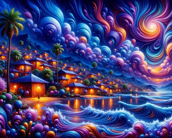 Vibrant Seaside Village at Twilight with Colorful Clouds