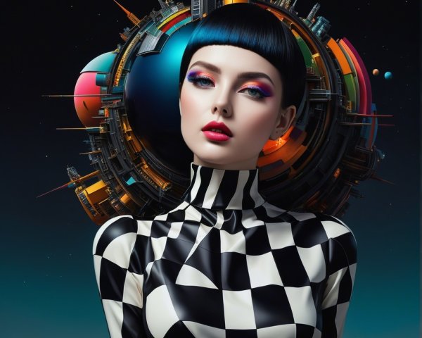 Futuristic Portrait with Bold Makeup and Surreal Backdrop