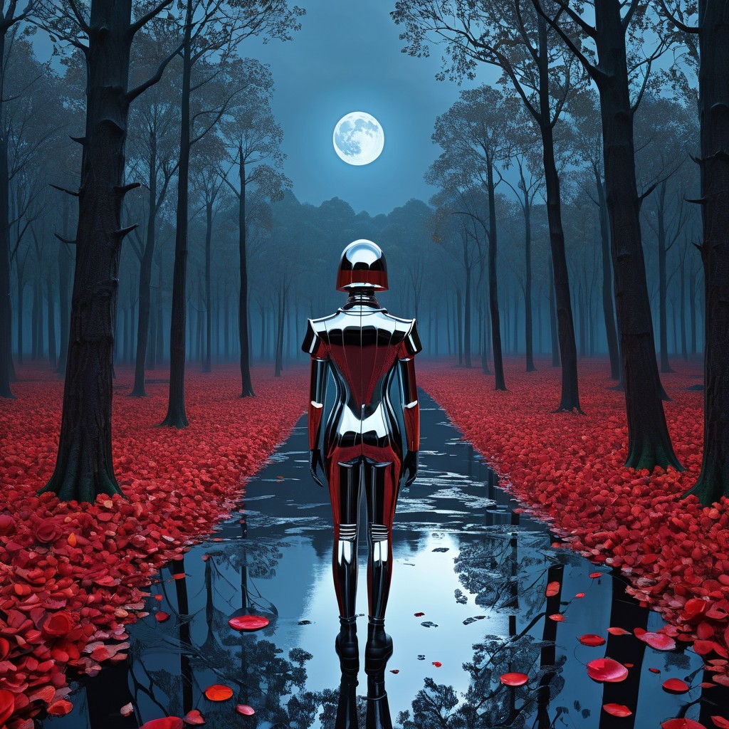 Futuristic Robot in Serene Forest with Moonlight